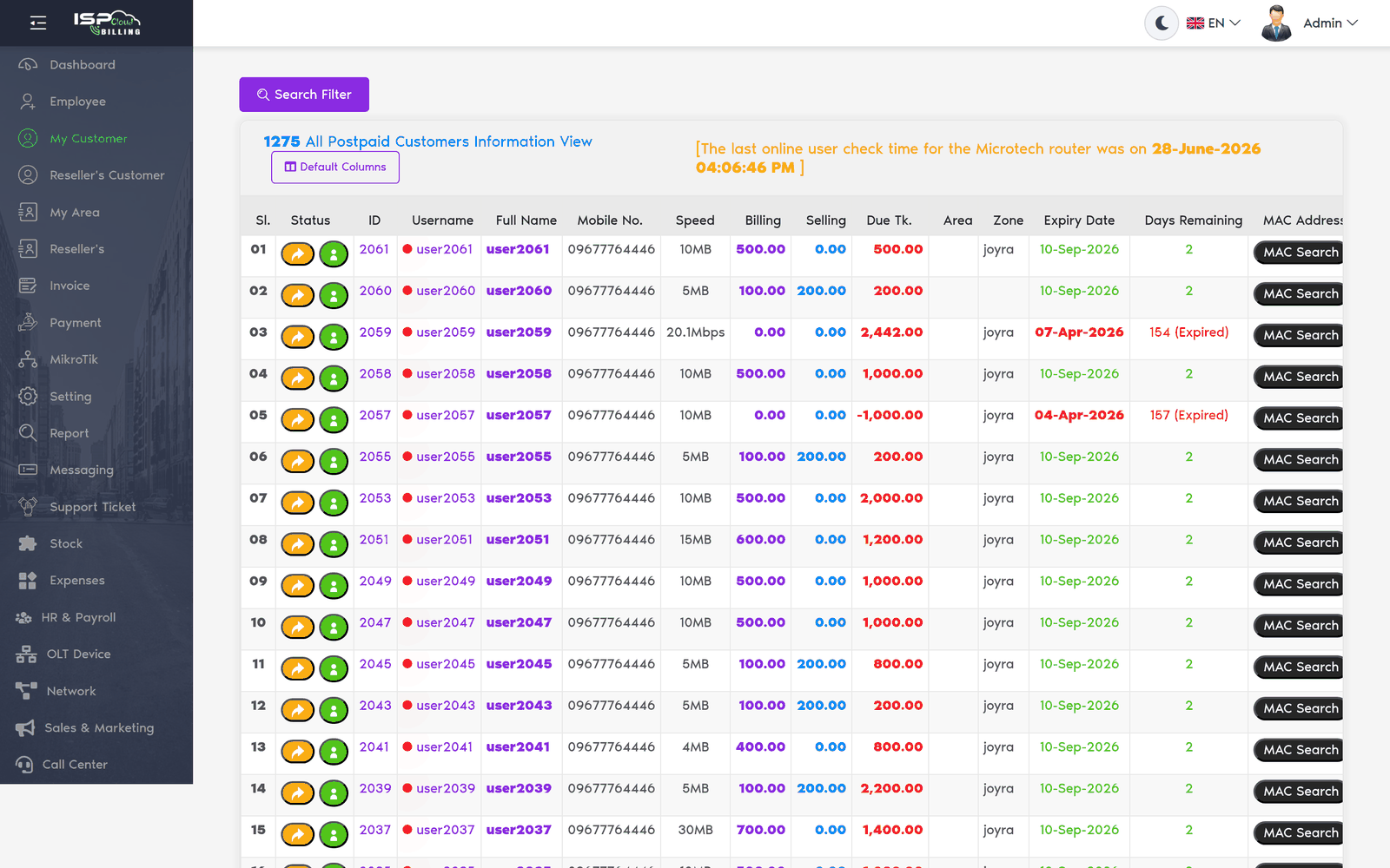 The customer list in ISP Cloud Billing, showing package speed, billing and selling price, dues, expiry date, area and MAC address for each subscriber.