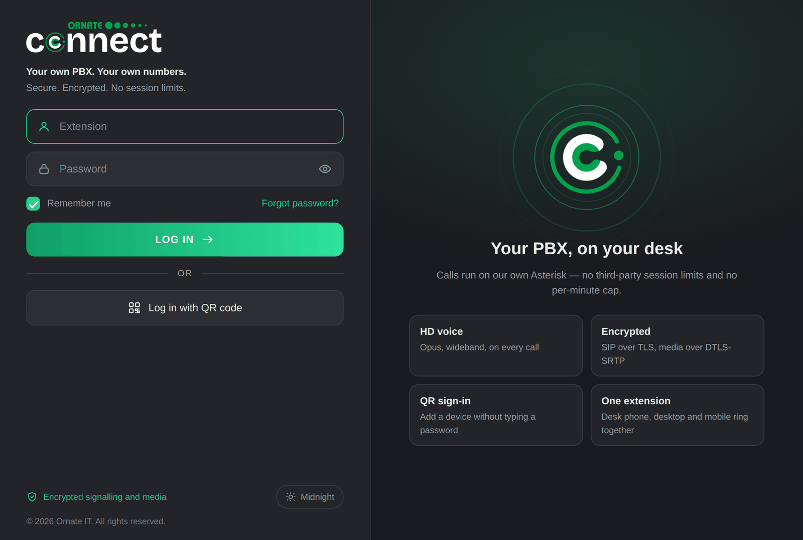 The same Ornate Connect sign-in window in its dark theme.