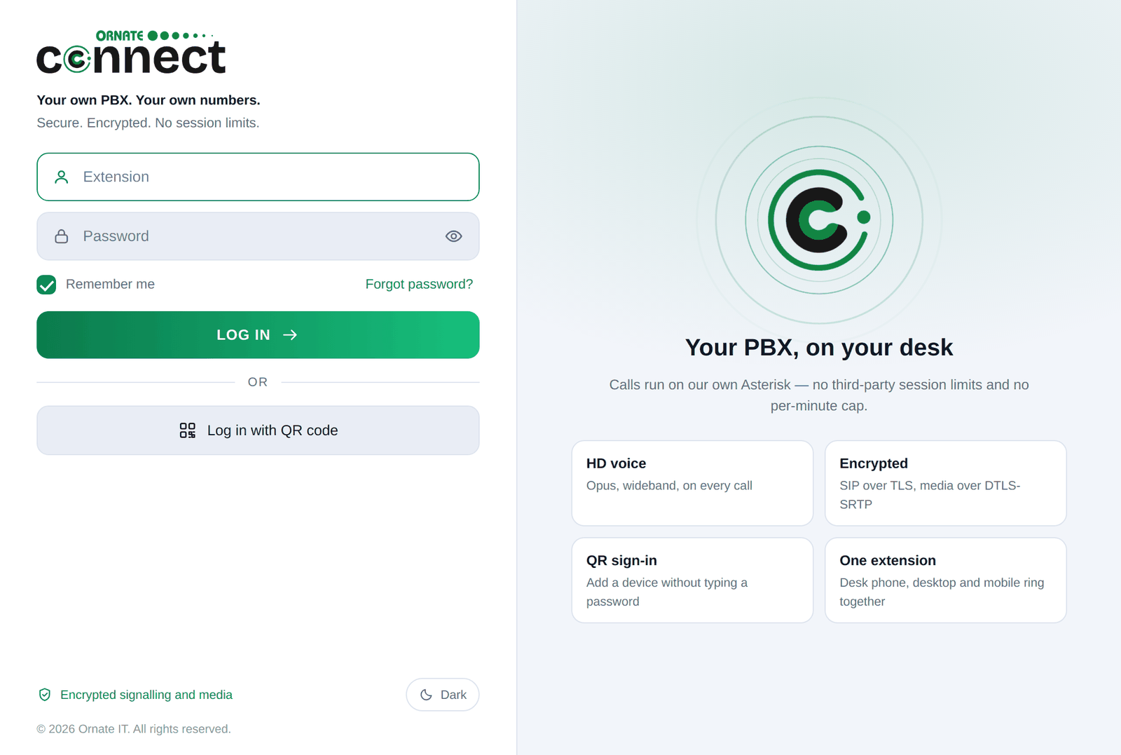 The Ornate Connect sign-in window in its light theme: extension and password fields, a QR sign-in option, and the panel beside it listing HD voice, encrypted calls and one extension across desk phone, desktop and mobile.